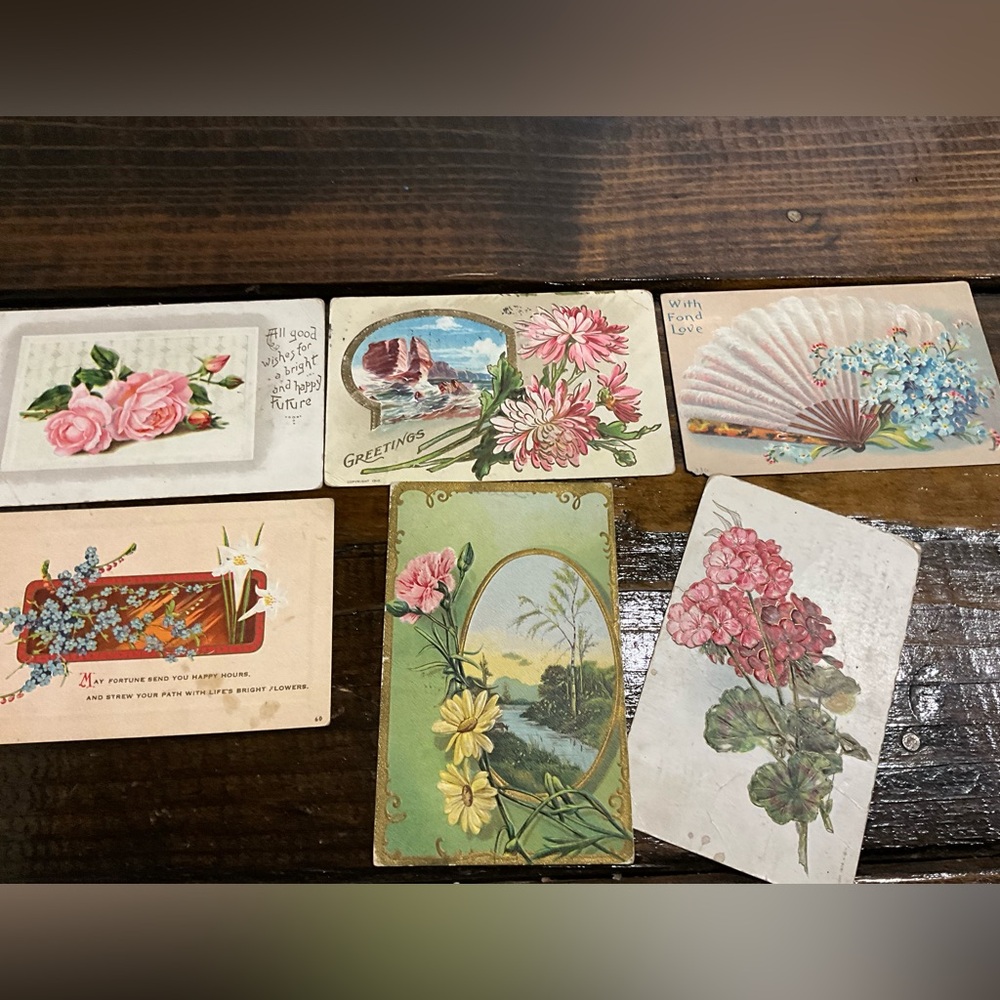 Antique Assorted Lot of 6 Greetings Postcards with Flowers Scrapbooking